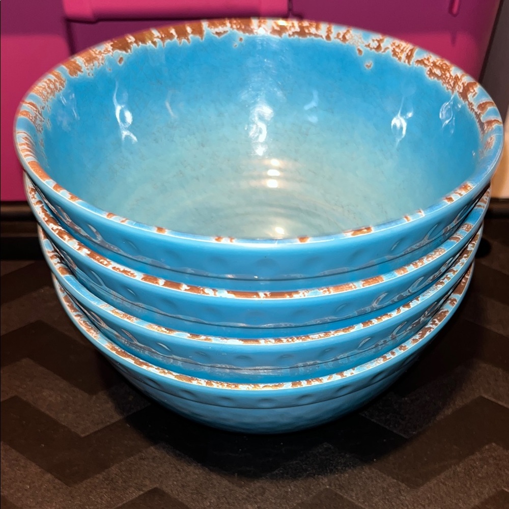 Williams Sonoma Aqua Blue Melamine cereal Bowls with Rust Trim, Set of 4 - Picture 3 of 5